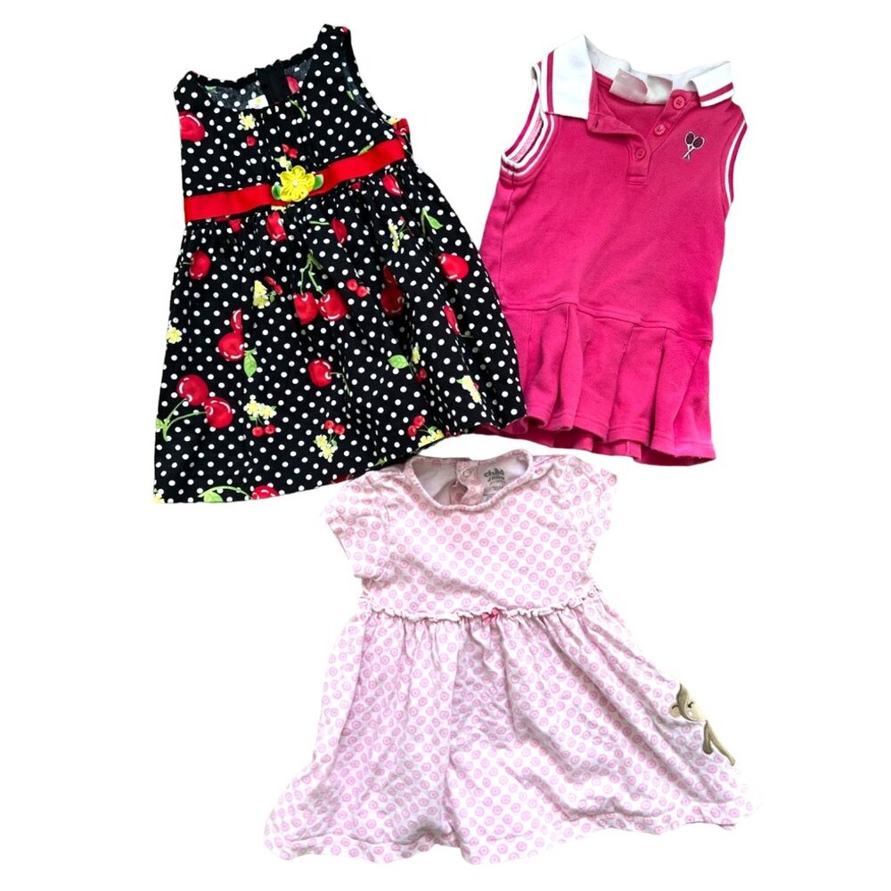Bundle of 3 Dresses Sz 18 Months Baby Girls Pink Monkey, Polka Dot Cherry, & Ten